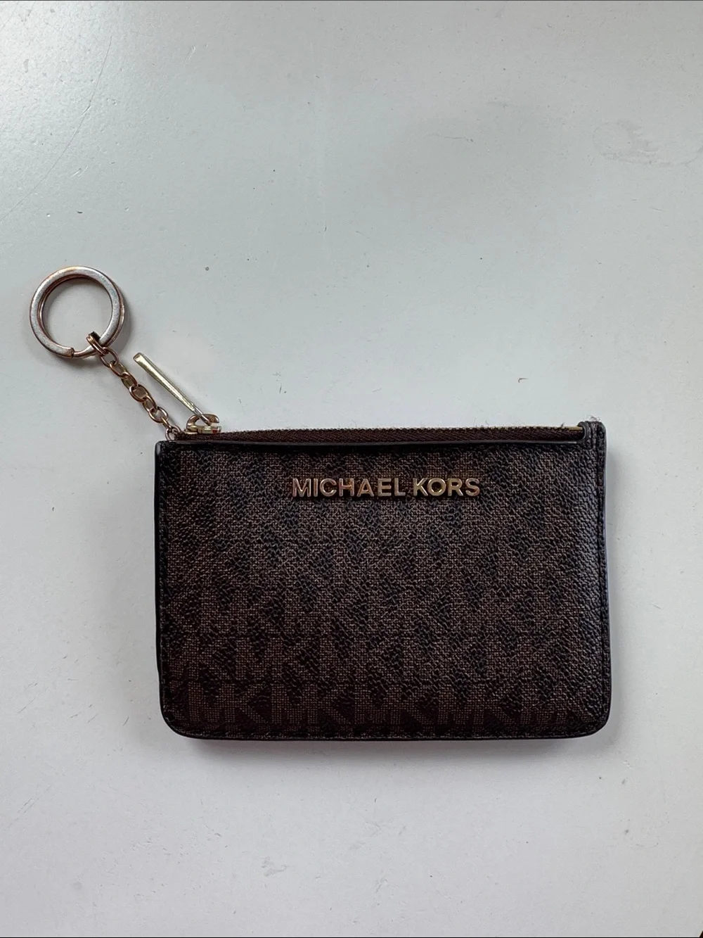 Michael Kors Dark Brown Logo Zip Card Pouch with Key Ring